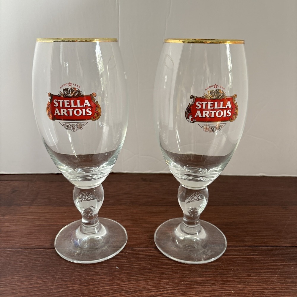 Set‎ Of 2 Stella Artois Glass & Gold Rimmed Belgium Pilsner Beer Glasses 40 CL